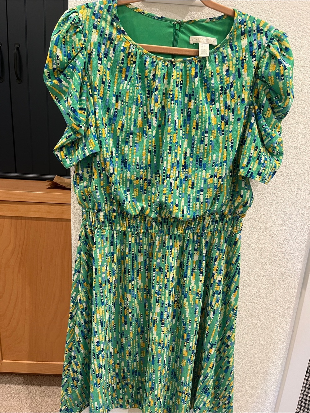 London Times Green Print Elastic Waist Dress XL